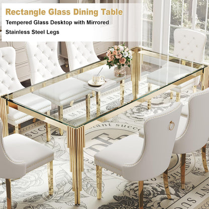 Rectangle Glass Dining Table, 81" Clear Tempered Glass Desktop with Gold Mirrored Stainless Steel Legs, Modern Elegance for 8-10 People, for Kitchen, Living Room, Office