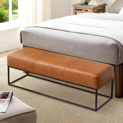 Entryway Bench for Bedroom End of Bed, Modern Ottoman with Faux Leather Upholstered Seating, Metal Frame Leather Bench for Bedroom Living Room Entryway [47'', Vintage Brown]