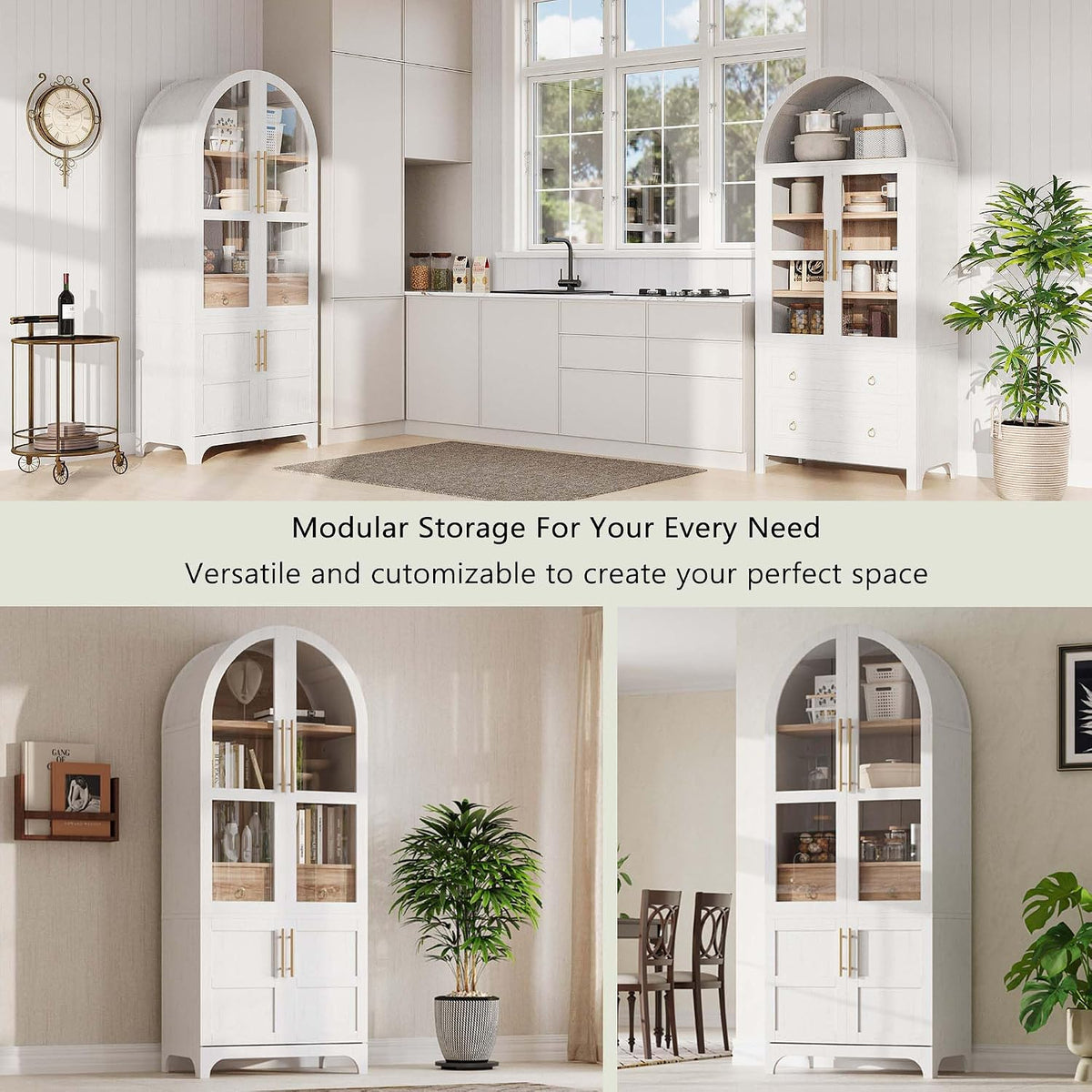 71" Tall Arched Cabinet with Glass Doors, Farmhouse Kitchen Storage Cabinet with Hidden Drawer and Adjustable Shelves, Hutch Cabinets for Dining Room, Bathroom (White)