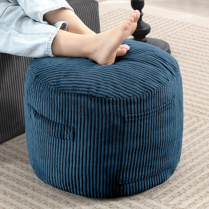 Round Stuffed Pouf Ottoman (Blue, 20" D x 20" W x 15" H) | Corduroy Foot Rest with Rebound Foam Filling, Furry and Fluffy Foot Stool Ottoman, Floor Poufs for Living Room