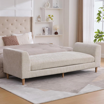 Beige King Size End of Bed Bench,83 Inch Long Bench for Bedroom with Armrests,Entryway Bench,Chenille Chaise Chair,Bench Daybed(Beige,White)