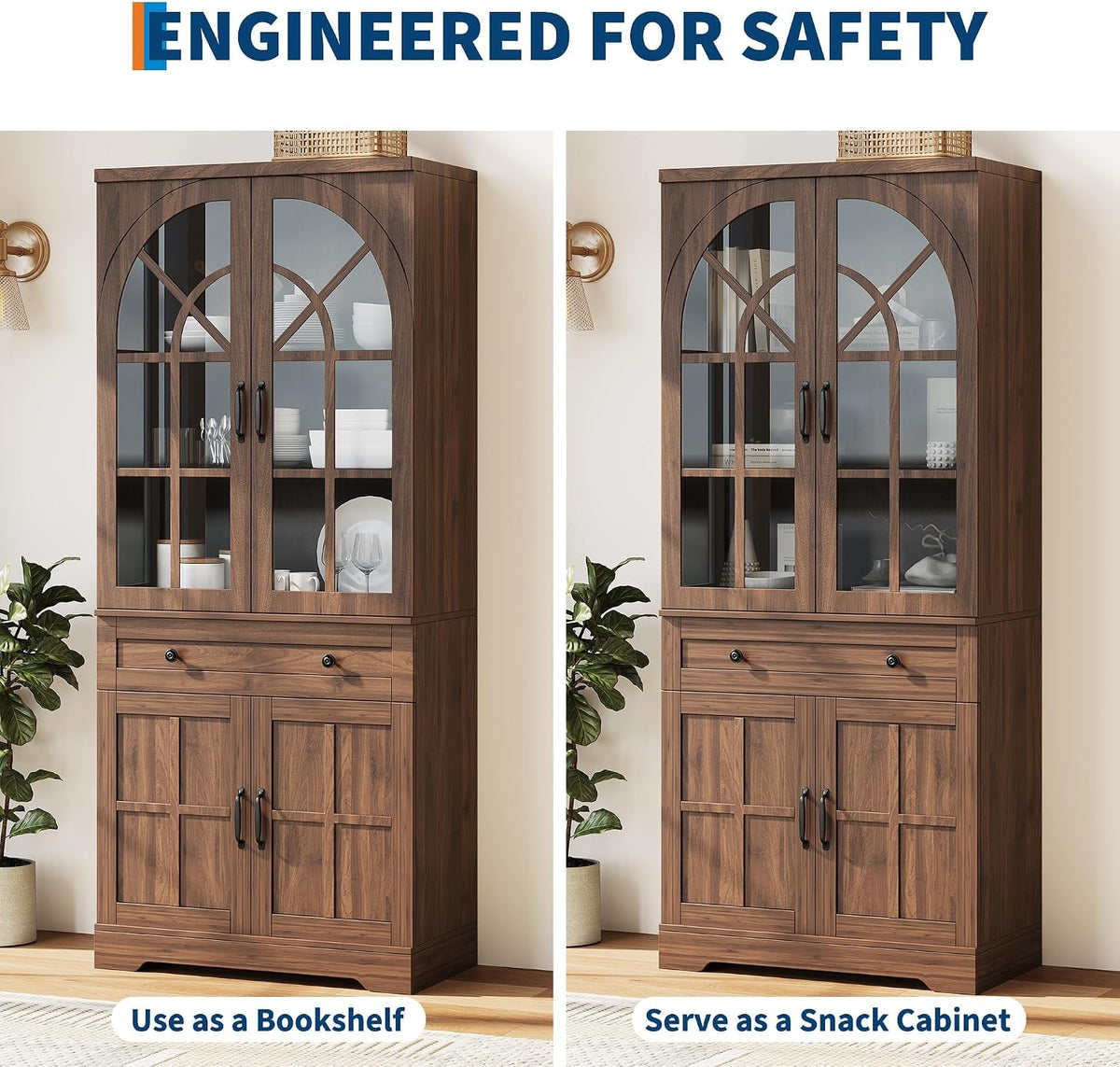 CABIHOME Farmhouse Pantry Cabinet,Freestanding Tall Wood Kitchen Storage with Tempered Glass Doors,Adjustable Shelves Multifunctional Organizer for Dining Room