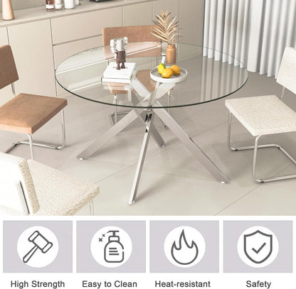 7-Piece Round Glass Dining Table Set for 6, 47" Circle Kitchen Table with 6 Black Velvet Chairs Modern Silver Glass Dining Room Table Set for 6 with Steel Leg Chair