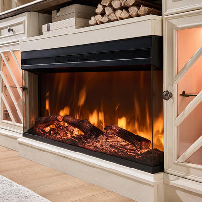 T4TREAM Farmhouse 3-Sided 75'' Electric Fireplace TV Stand, 32'' Tall Modern Highboy Entertainment Center with 36" Fireplace, Media Console Table with LED Lights for Living Room, Antique White