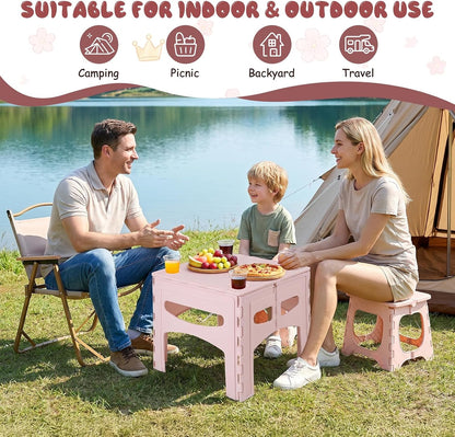 3 Piece Kids Foldable Table and Chairs Set, Toddlers Drawing Activity Desk, | Portable Picnic Table, Easy-Fold Pinch-Free Children's Furniture for Arts Toys Snacks and Indoor Outdoor Use Pink