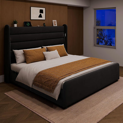 King Size Bed Frame with 59'' Tall Headboard with Readlight, Black