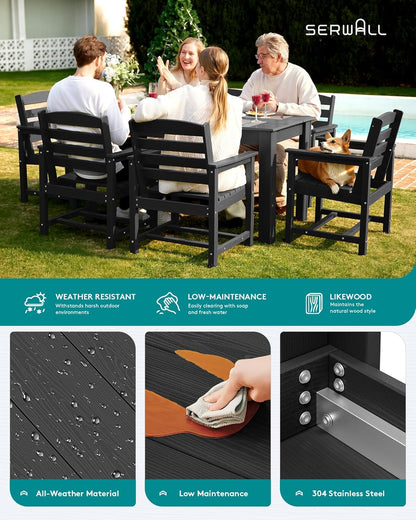 SERWALL HDPE Dining Set for 6: 1 Umbrella Hole Table, 4 Armless + 2 Armchairs. Includes 6 Plastic Woven Placemats – Heat-Resistant, Non-Slip & Easy to Clean. for Patio, Garden, Backyard. Black