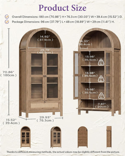 TYBOATLE 71'' Arched Pantry Cabinet with Glass Door for Kitchen Dining Room | Arch Storage Cabinet, Versatile Cupboard with Innovative Drawer and Anti-Tip Device, Kitchen Dining, Natural
