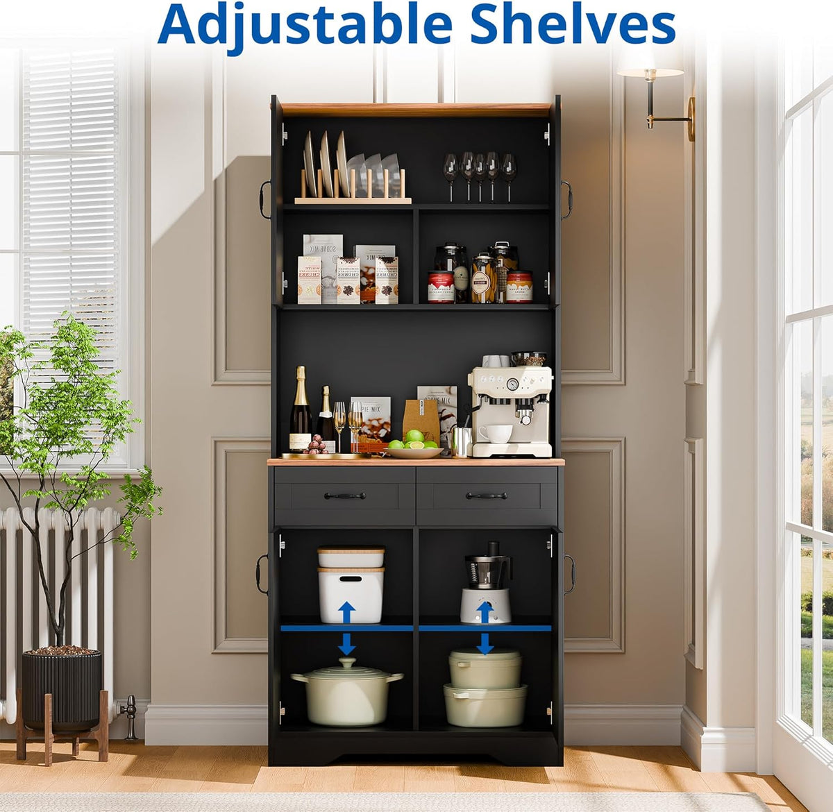 Cozy Castle Pantry Cabinet, Farmhouse Kitchen Hutch Cabinet with Storage Drawers Freestanding Coffee Bar Liquor Sideboard Large Countertop Cupboard for Dining Room, Living Room, 71'' Tall Black