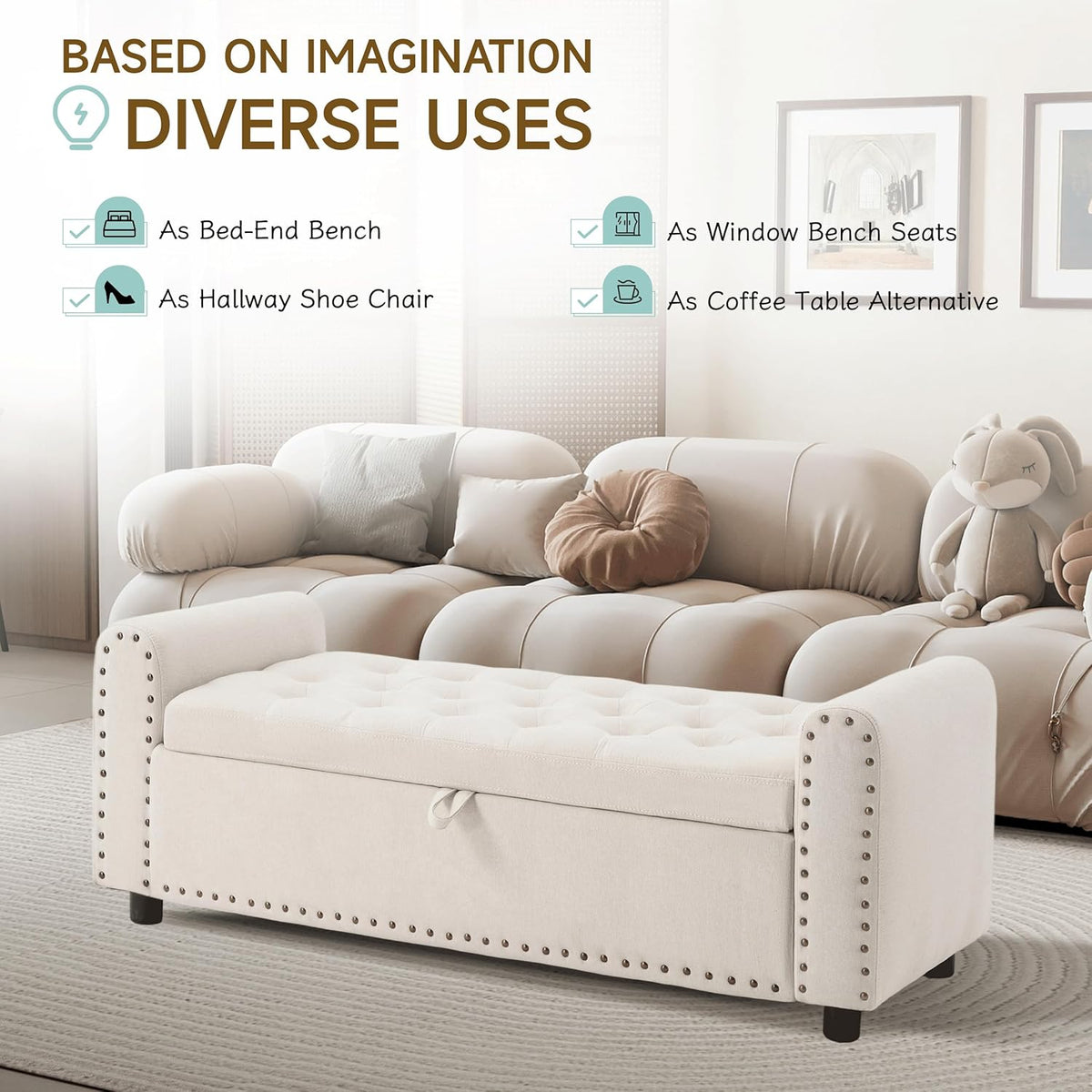 Ottoman with Storage, Tufted Storage Bench for Bedroom, 48" Fabrics End of Bed Bench, Upholstered Entryway Shoe Benches with Rolled Arm & Inner Zipper, Window Ottomans Chest with Rivets, Beige