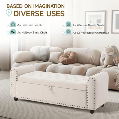 Ottoman with Storage, Tufted Storage Bench for Bedroom, 48" Fabrics End of Bed Bench, Upholstered Entryway Shoe Benches with Rolled Arm & Inner Zipper, Window Ottomans Chest with Rivets, Beige