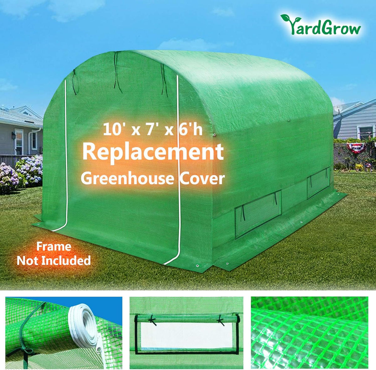 YardGrow Greenhouse Replacement Cover Larger Walk in Outdoor Plant Gardening Greenhouse (Frame Does NOT Included) (Green, 10'x7'x6')