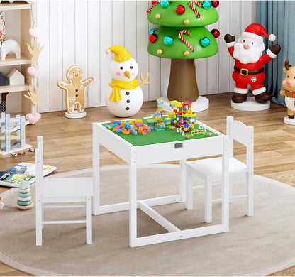 4NM 3 in 1 Kids Table Set, Children Tables and Chairs, Toddler Play Activity Table with Hidden Storage Wood Building Block Desk for Ages 3-7 - White Green