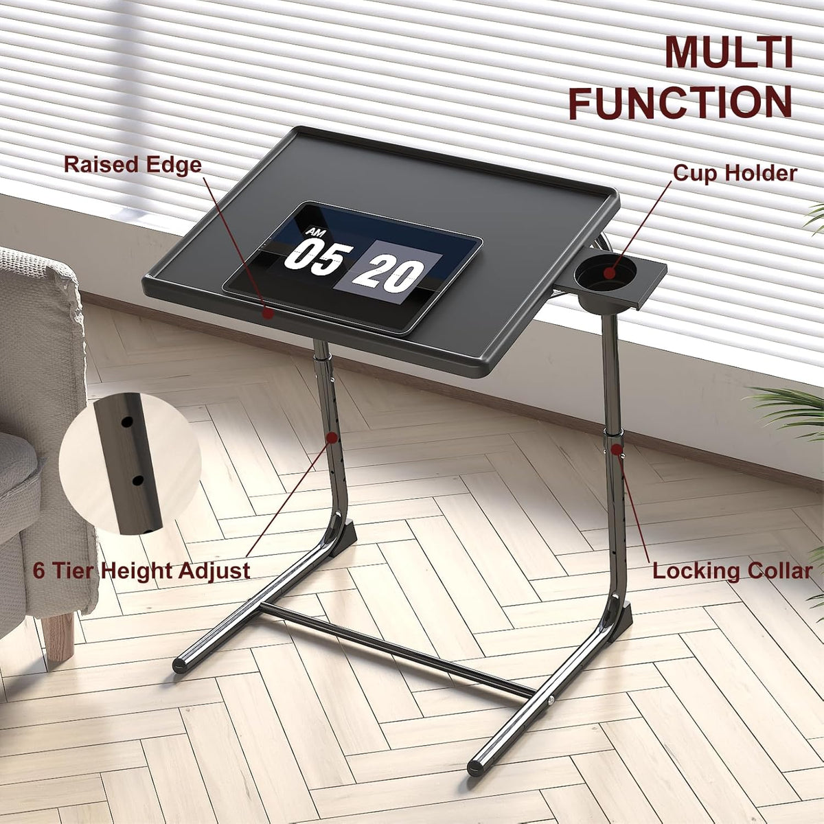 TV Tray Table, Adjustable TV Dinner Table for Eating on Couch with Cup Holder, Folding Couch Desk with 6 Height & 3 Tilt Angle Adjustments, Comfortable Laptop Stand for Bed & Sofa, Black