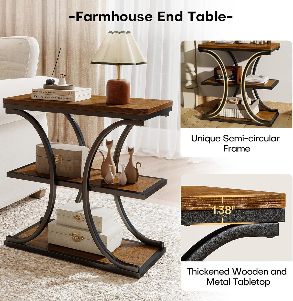 BECHAEO 24" End Tables Living Room, Industrial 3-Tier Small Side Table with Storage Shelves, Wood Sofa Table with Geometric Metal Frame, Multi-Functional Nightstand for Bedroom