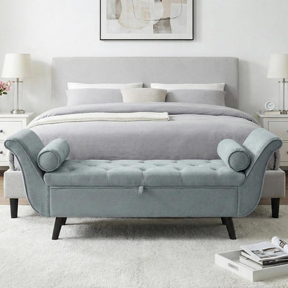 65" Velvet Storage Bench, 65" Vintage Upholstered Rolled Armed Button Tufted Stool Bench for Bedroom, Living Room, Entryway, Hallway, Dressing Room (Light Grey)
