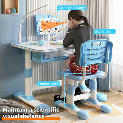 2Pcs Kids Desk and Chair Set,Height Adjustable Children's Writing Desk Set with 40-Degree Tilt-able Reading Stand LED Table Light,Bookstand,Drawer,Ergonomic Table Chair Set Blue