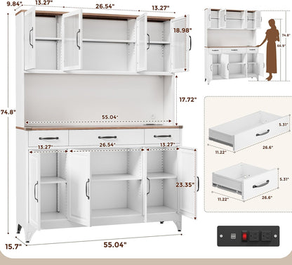 74.8" Tall Metal Pantry Cabinet with Charging Station & LED Light | Kitchen Pantry Storage Cabinet with 6 Adjustable Shelves, Large Cupboard for Kitchen,Dining Room, Living Room, Office