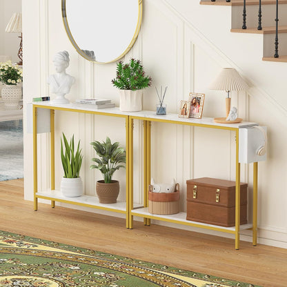 Bigbiglife 39.4" Console Entryway Table, 2-Tier Industrial Narrow Sofa Table with Storage Shelves for Hallway, Living Room, Bedroom, Foyer, Corridor, Office, Marble White and Gold