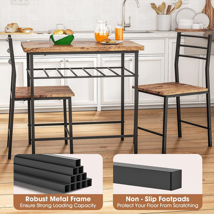 Fenbeli 3 Piece Dining Table Set - Small Kitchen Table & Chair Sets for 2, Breakfast Table Set w/Steel Frame, Built-in Storage Rack for Dining Room, Living Room, Apartment (Brown, Small)