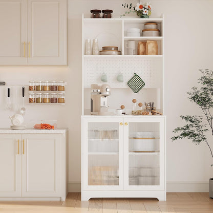 71" Tall Pantry Cabinet with 2 Glass Doors, Freestanding Kitchen Storage Cabinet with Open Storage & Adjustable Shelves, Modern Farmhouse Cupboard Coffee Bar for Dining Room, Living Room, White