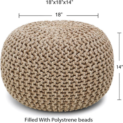 · REDEARTH · Round Pouf Ottoman - Hand Knitted Boho Poof - Beige Ivory