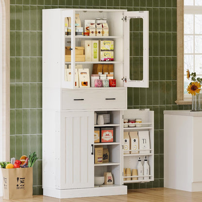 IRONCK 74.8" Tall Kitchen Pantry, Storage Cabinet with LED Lights, Kitchen Cabinet with Acrylic Glass Door, Drawer and Adjustable Shelves, for Dining Room, White