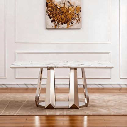 Luxury Rectangle Faux Marble 70" White Dining Table for 6-8 People, Modern Large Kitchen Table with Silver Mirrored Stainless Steel Leg Base, Dining Table for Dining/Living Room, Office (One Table)