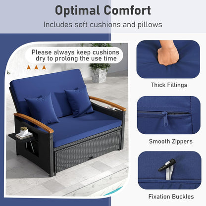 Moccha Outdoor Wicker Daybed, Patio Rattan Loveseat Sofa w/ 4-Level Adjustable Backrest, Folding Panels, Storage Ottoman & Cushions, Lounge Furniture Set for Poolside Backyard Porch (Navy & Black)