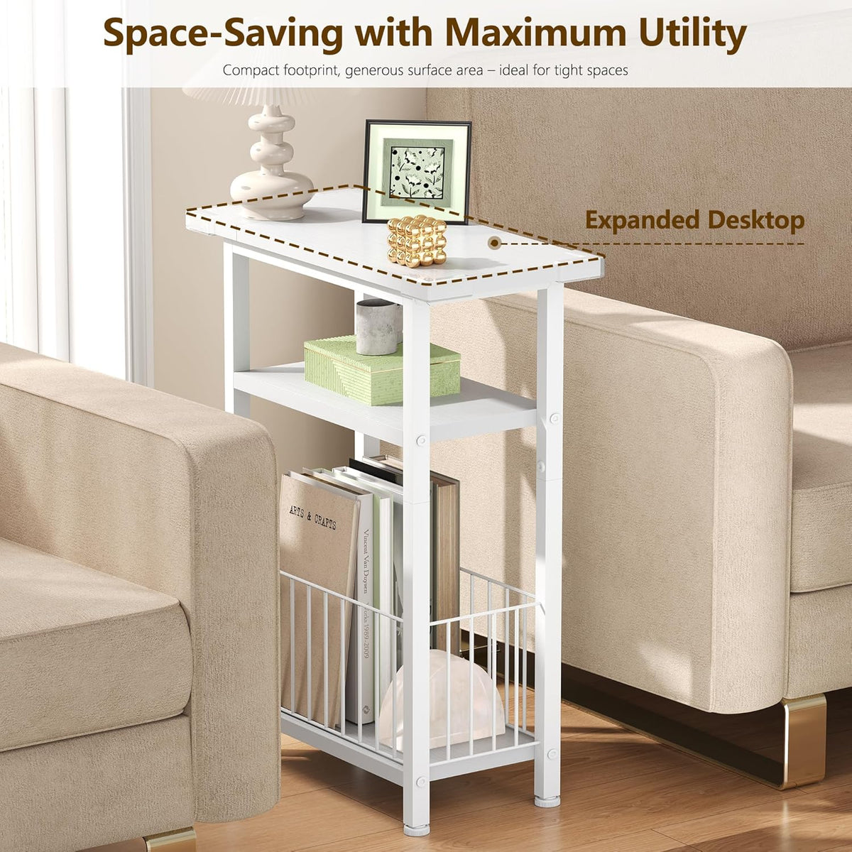 Heybly Small Narrow Side Table for Small Space, Thin Bedside Table with Storage Basket, Skinny End Table, 25.2" Tall Nightstand, Couch Table for Living Room, Bedroom, Study, Kitchen, White, HET004WT1