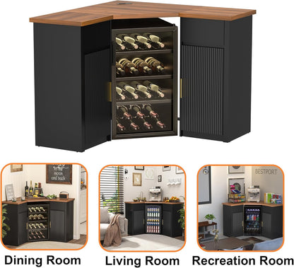GDLF Corner Coffee Bar with Fridge Space, L Shaped Liquor Cabinet,Black | L-Shaped Countertop, Wine Glass Rack, Adjustable Shelves, Drawer Storage, Power Outlet, Coffee Station for Home & Kitchen