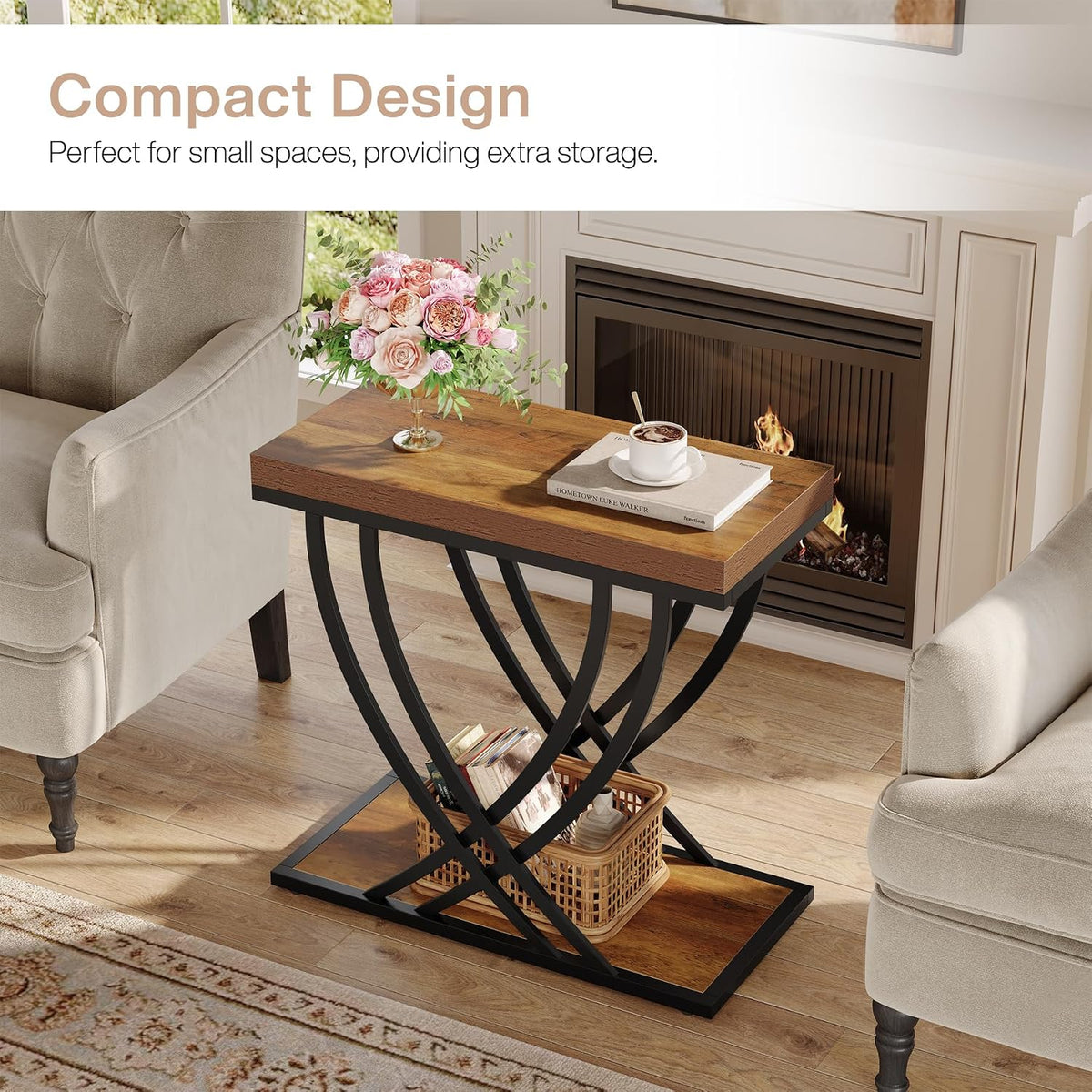 Tribesigns Side Table, 2-Tier Narrow End Table for Living Room, Industrial Nightstand with Metal Frame, Small Bedside Tables for Bedroom, Sofa Couch, Small Spaces, Rustic Brown