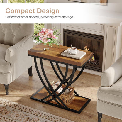 Tribesigns Side Table, 2-Tier Narrow End Table for Living Room, Industrial Nightstand with Metal Frame, Small Bedside Tables for Bedroom, Sofa Couch, Small Spaces, Rustic Brown