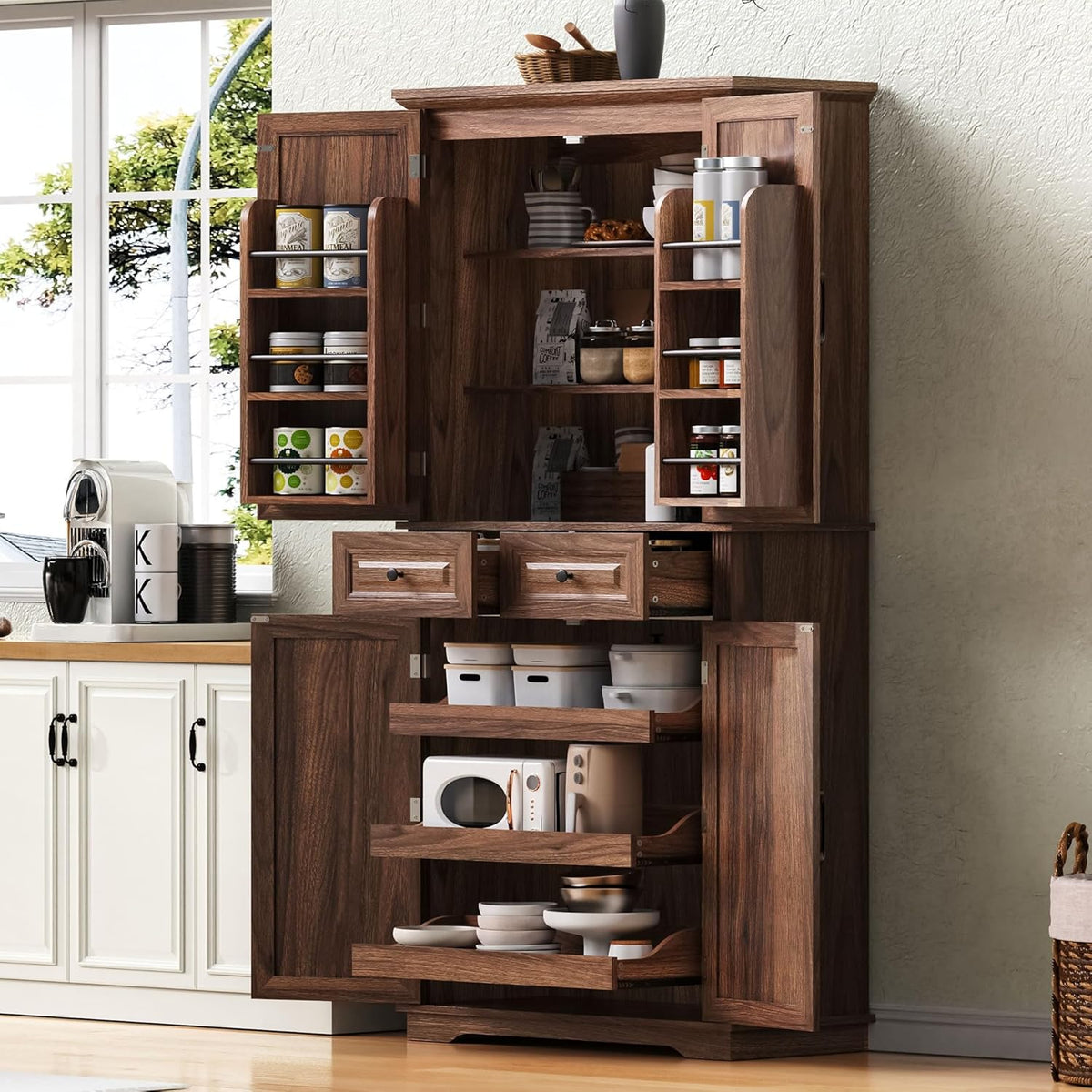 71" Tall Kitchen Pantry Cabinet, Freestanding Storage Cupboard with 3 Pull-Out Organizers, 6 Door Shelves & 2 Drawers, Embossed Texture Finish, for Kitchen Dining Room (Brown 4 doors 2 drawers +MDF)