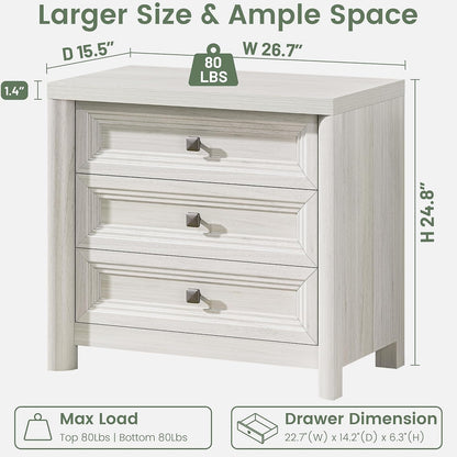 White Nightstand with 3 Drawers, Wood Night Stand with Metal Knobs, Farmhouse Bed Side Table for Bedroom, Modern End Table for Living Room Home Office Storage 1PC