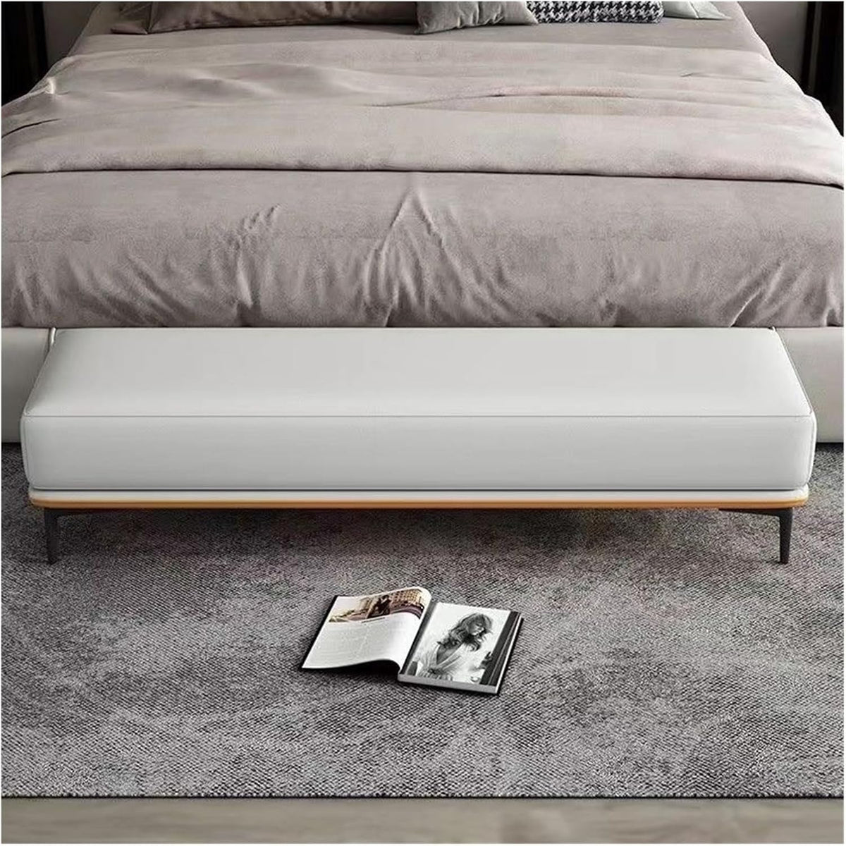 Modern Bedroom Bench, PU Leather Entrance, Upholstered Bed Stool with Metal Legs, for Living Room, Foyer, Dining, Bedrooms Entryway(150 * 50 * 40cm)