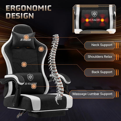 Homall Gaming Chair with Massage & Footrest, Ergonomic Computer Office Chair, High-Back Racing Style Reclining Chair with Adjustable Lumbar Support, Breathable Tech Fabric for Adults (Black)