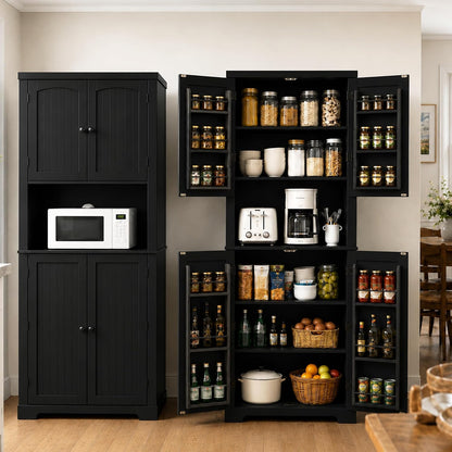 HLR 72" Kitchen Pantry Storage Cabinet with Open Countertop, Freestanding Larder Cupboard with Microwave Stand, Utility Laundry Room Storage Cabinet with Doors and Shelves for Dining Room, Living Room