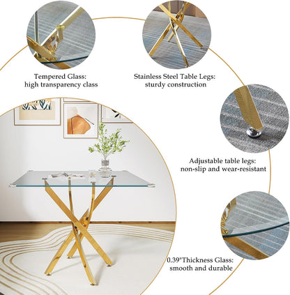 AF ARTISAN FURNITURE 5 Piece Square Glass Dining Table Set, Gold Glass Kitchen Table Set for 4 Modern Table Set with 4 White PU Upholstered Dining Chairs, for Small Space, Breakfast Nook