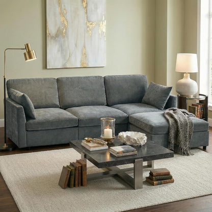 Iroomy Sectional Couch for Living Room, Comfy L Shaped Convertible Sofa, 4 Seater Modern Chenille Sofa with Ottoman, Grey