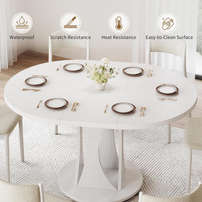 iPormis 43"-59" Extendable Dining Table, Round Kitchen Table with Modern Arcs Pedestal, Oval Dinner Table with Removable Leaves,Hidden Storage, for Kitchen, Dining Room, Living Room, Office, White