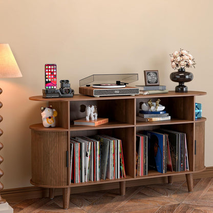 LUVIOHOME Large Round Record Player Stand with Charging Station & USB Ports | Record Storage Cabinet, Mid Century Modern Turntable Stand for Bedroom Living Room