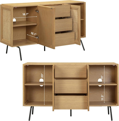 NTC MOSSIC Sideboard with 2 Doors and 3 Drawers, Buffet Cabinet with Natural Rattan and Metal Legs, Modern Storage Cabinet for Living Room, and Hallway, Effortless Assembly, Sand