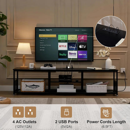 VECELO TV Stand with Power Outlets for Televisions up to 80Inch, 70" Media Entertainment Center with Charging Station 3-Tier Open Storage Shelves with Metal Frame for Living Room/Bedroom，Black