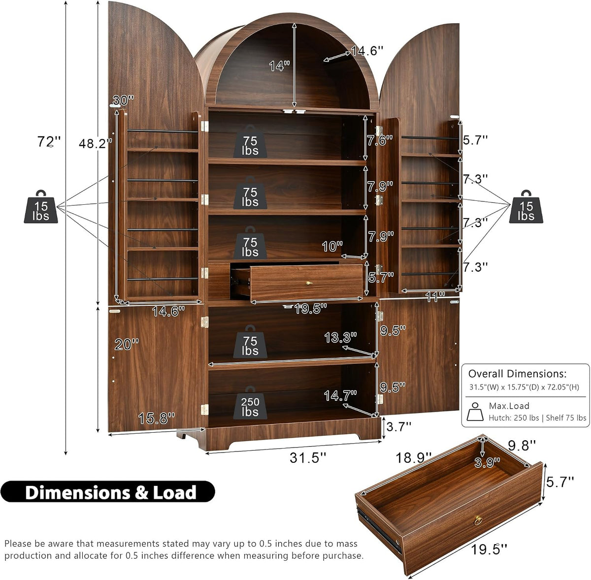 Merax 72" Tall Arched Cabinet Kitchen Pantry with 4 Doors, Fluted Storage Cabinets with 3 Adjustable Shelves & 1 Hidden Drawer & 8 Door Shelves, Versatile Cupboard for Kitchen, Dining Room, Brown
