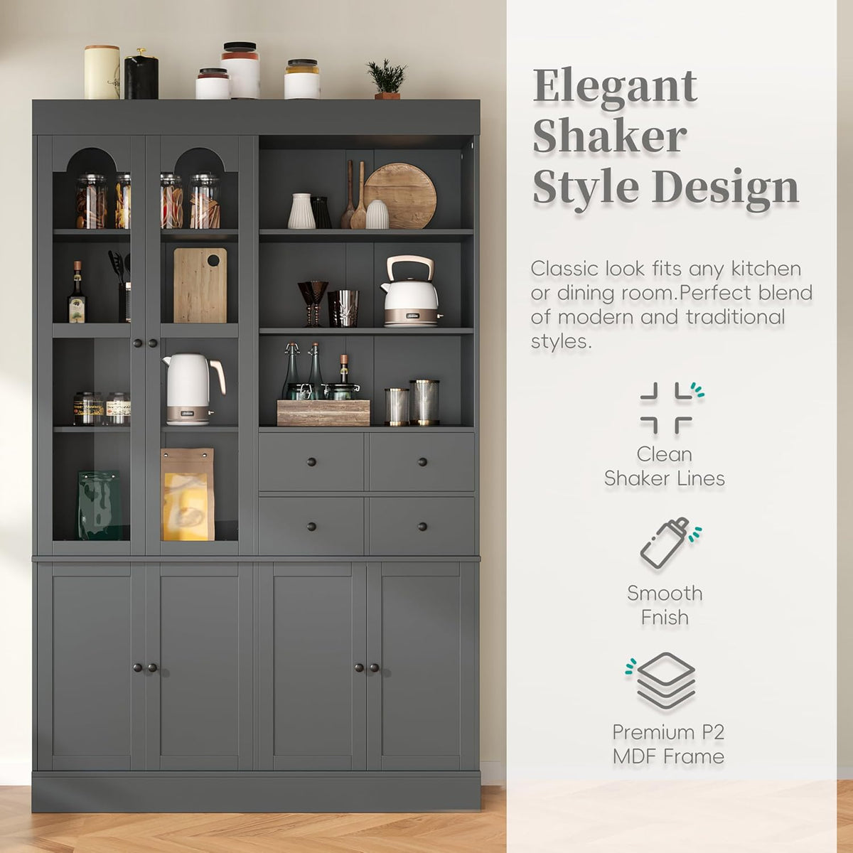 Freestanding Kitchen Pantry Cabinet with Drawers, Shelves, Gray | Freestanding tall buffet with 4 drawers, door shelves, pull-out trays, 47.2x15.7x75 inches, gray finish, for dining room