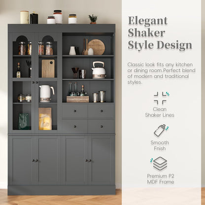 Freestanding Kitchen Pantry Cabinet with Drawers, Shelves, Gray | Freestanding tall buffet with 4 drawers, door shelves, pull-out trays, 47.2x15.7x75 inches, gray finish, for dining room