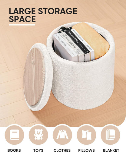 B FSOBEIIALEO Folding Storage Ottoman, Round Sherpa Ottomans, Cream White | 16.9" Foldable Ottoman With Tray, Boucle Foot Stool, Small Storage Coffee Table for Living Room, Bedroom, Hallway