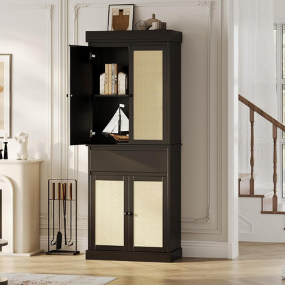 CABIHOME 35.43×16.54×9.45 Inch Entryway Storage Cabinet, MDF+PB+Iron with Rattan Doors & Adjustable Shelves, Freestanding Pantry for Living Room
