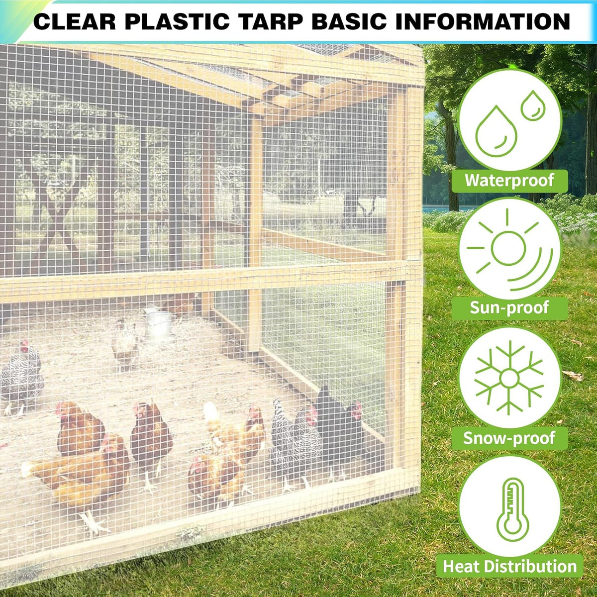 25Ft x 35Ft Clear Greenhouse Plastic Covering, 16Mil Thickness Heavy Duty Clear tarp for Chicken coop, Greenhouse Plastic sheeting with Hemmed Edges & preinstalled Grommets.